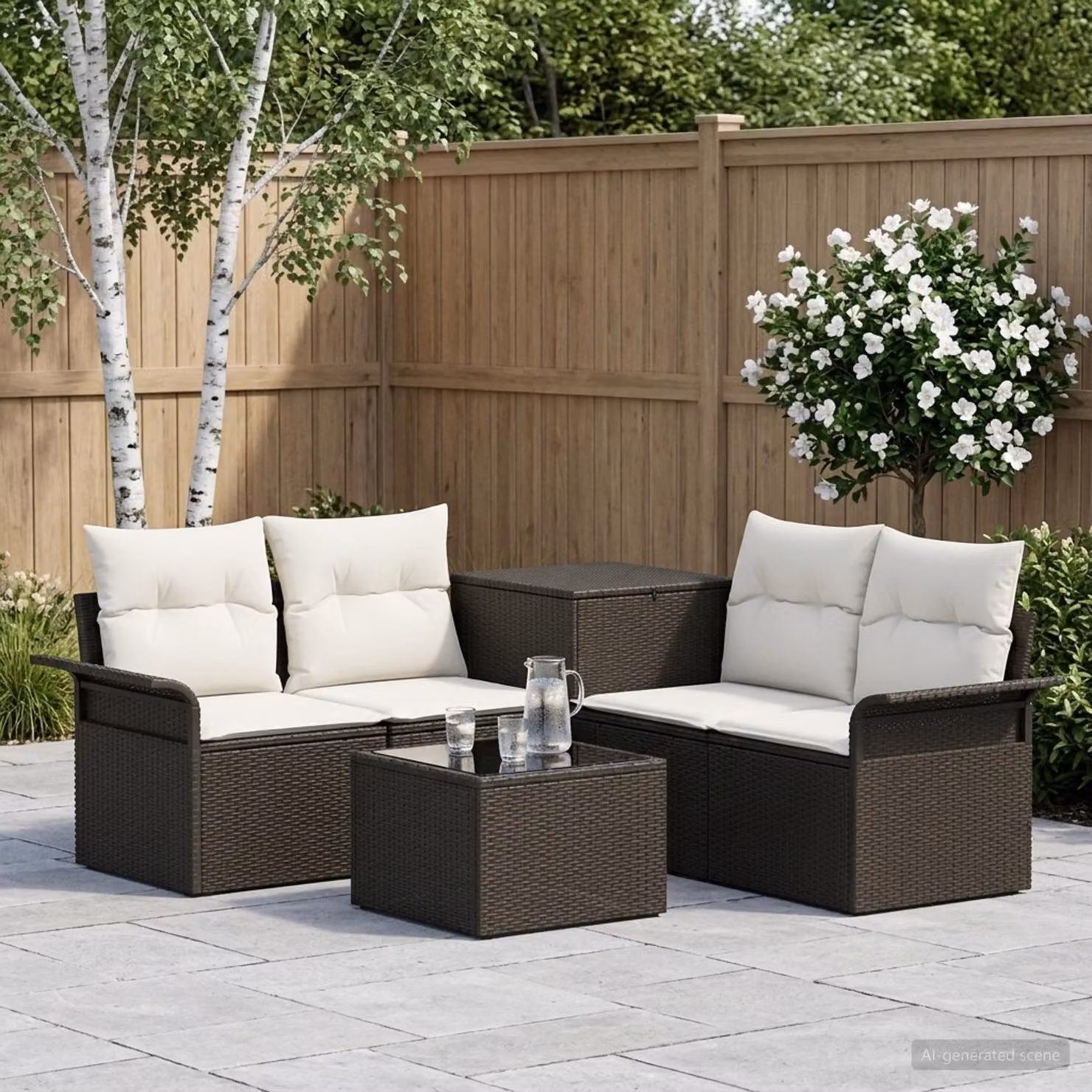 Set di divani da giardino vidaXL in polyrattan nero e bianco con cuscini e tavolino da esterno per 6 persone