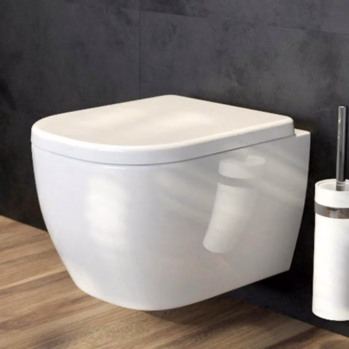 OLTENS, vaso sospeso a filo con scarico profondo, modello PureRim, dimensioni 34,5 x 50 cm, set completo con sedile WC slim e sistema SmartClean