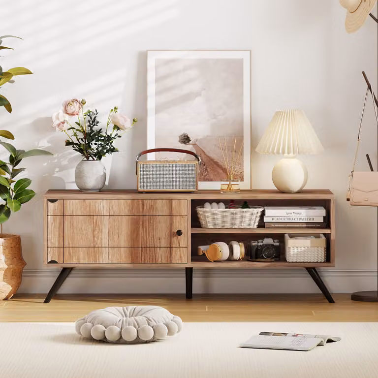 Mobile TV Costway in legno stile mid-century con 1 anta e 2 scomparti, supporto per televisori fino a 55 pollici, disponibile in nero o marrone