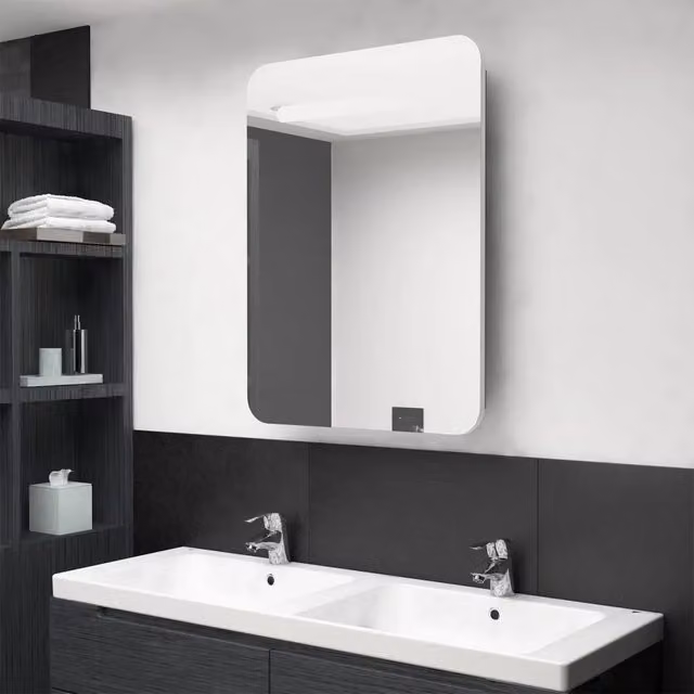 Armadietto Bagno con Specchio e LED-Mobile bagno con specchio Bianco e Rovere 60x11x80 cm