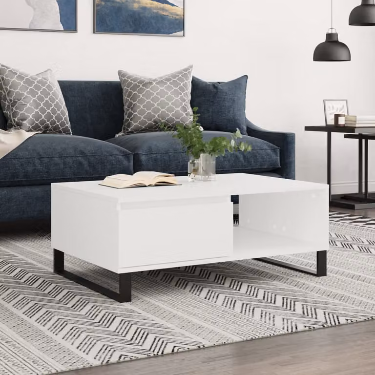 vidaXL Tavolino da Salotto Moderno Bianco in Legno e Metallo L: 90 cm, P: 60 cm, H: 35 cm