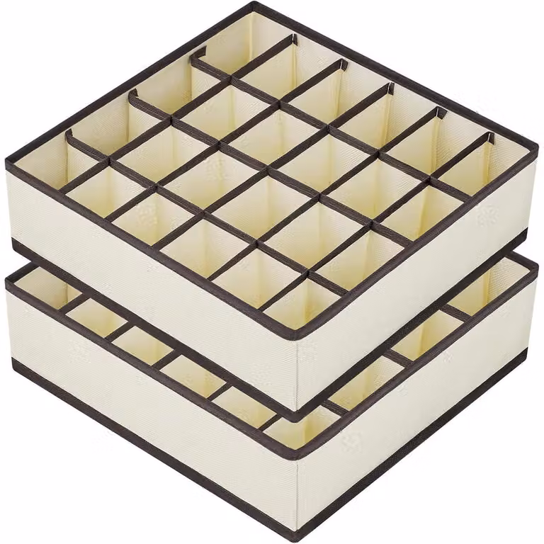 Scatole portaoggetti per biancheria intima, 24 scomparti, colore beige, dimensioni 30x30x9 cm, confezione da 2 pezzi