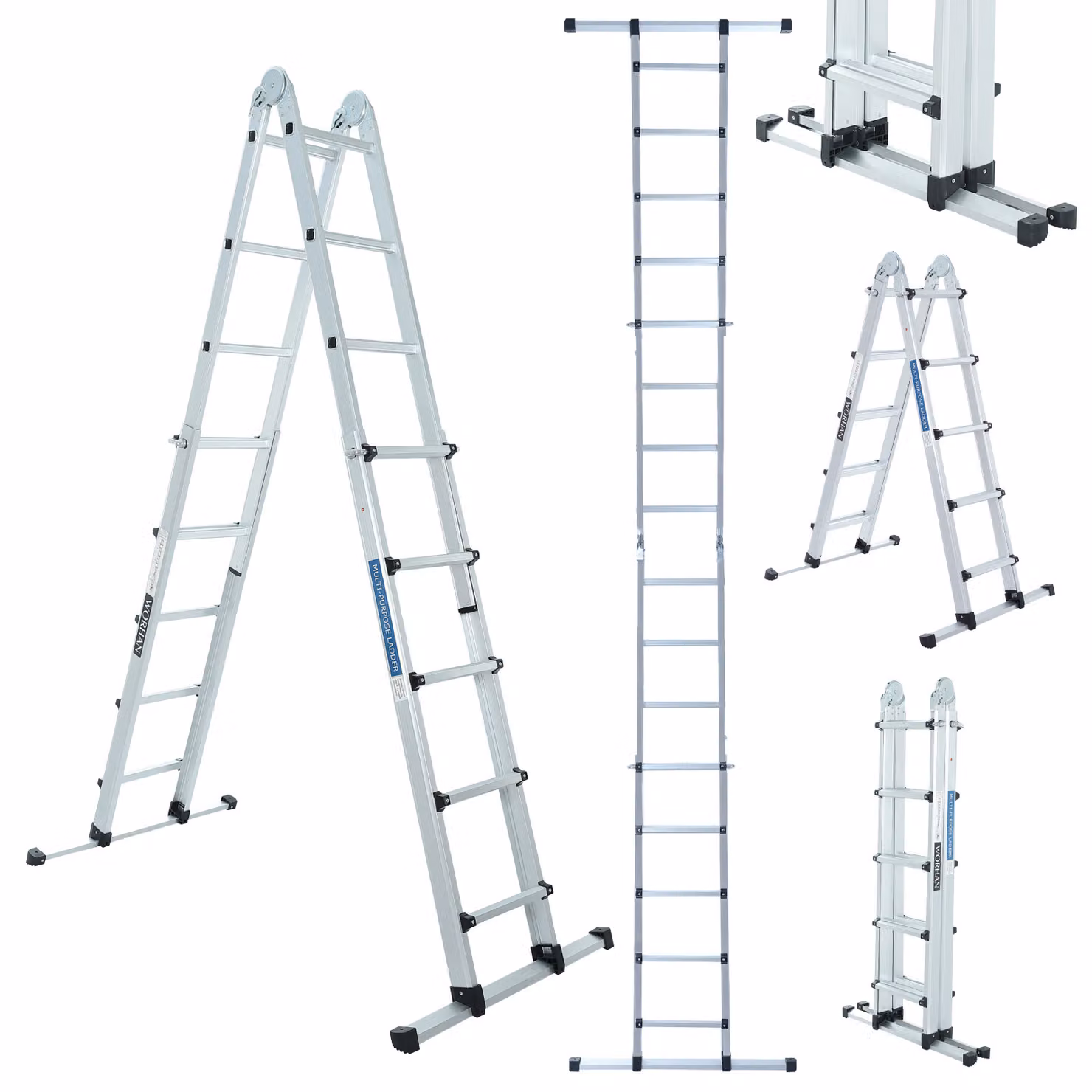 WORHAN Scala 555 cm Scala telescopica in alluminio Scala pieghevole Scala singola Scala a gradini allungabile con barra stabilizzatrice Versatile LG5.5