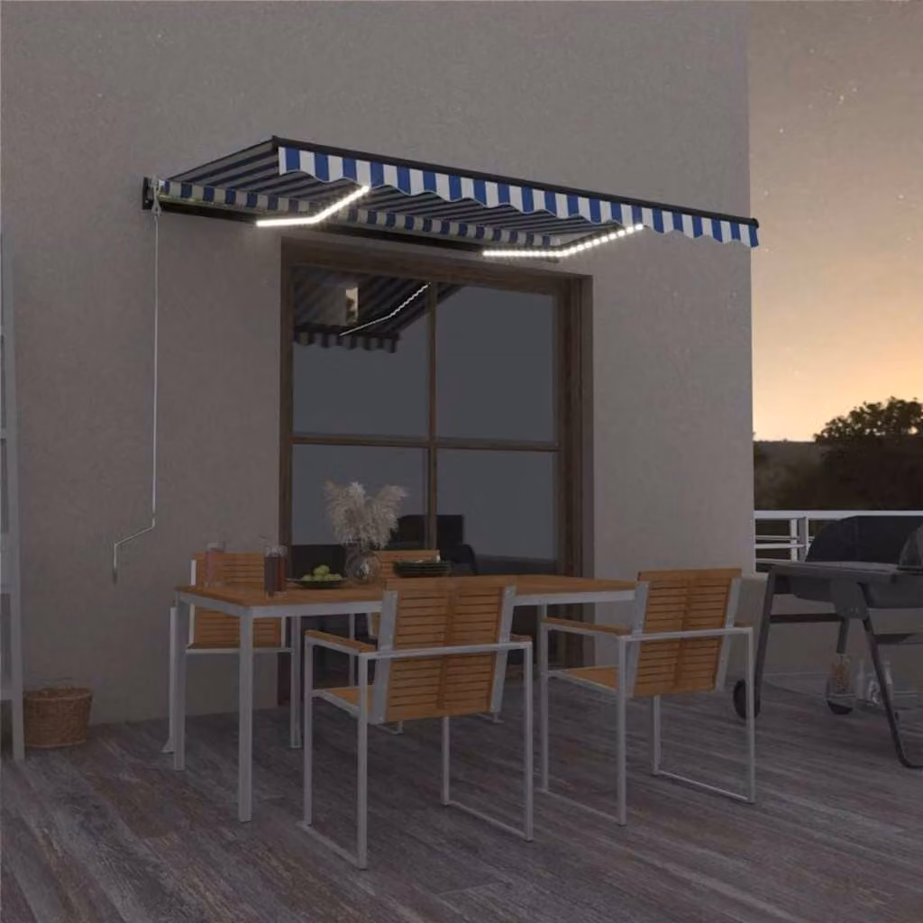 vidaXL Tenda da Sole Retrattile Manuale con LED in Poliestere e Alluminio, L: 400 cm, P: 300 cm, Colore Blu e Bianco