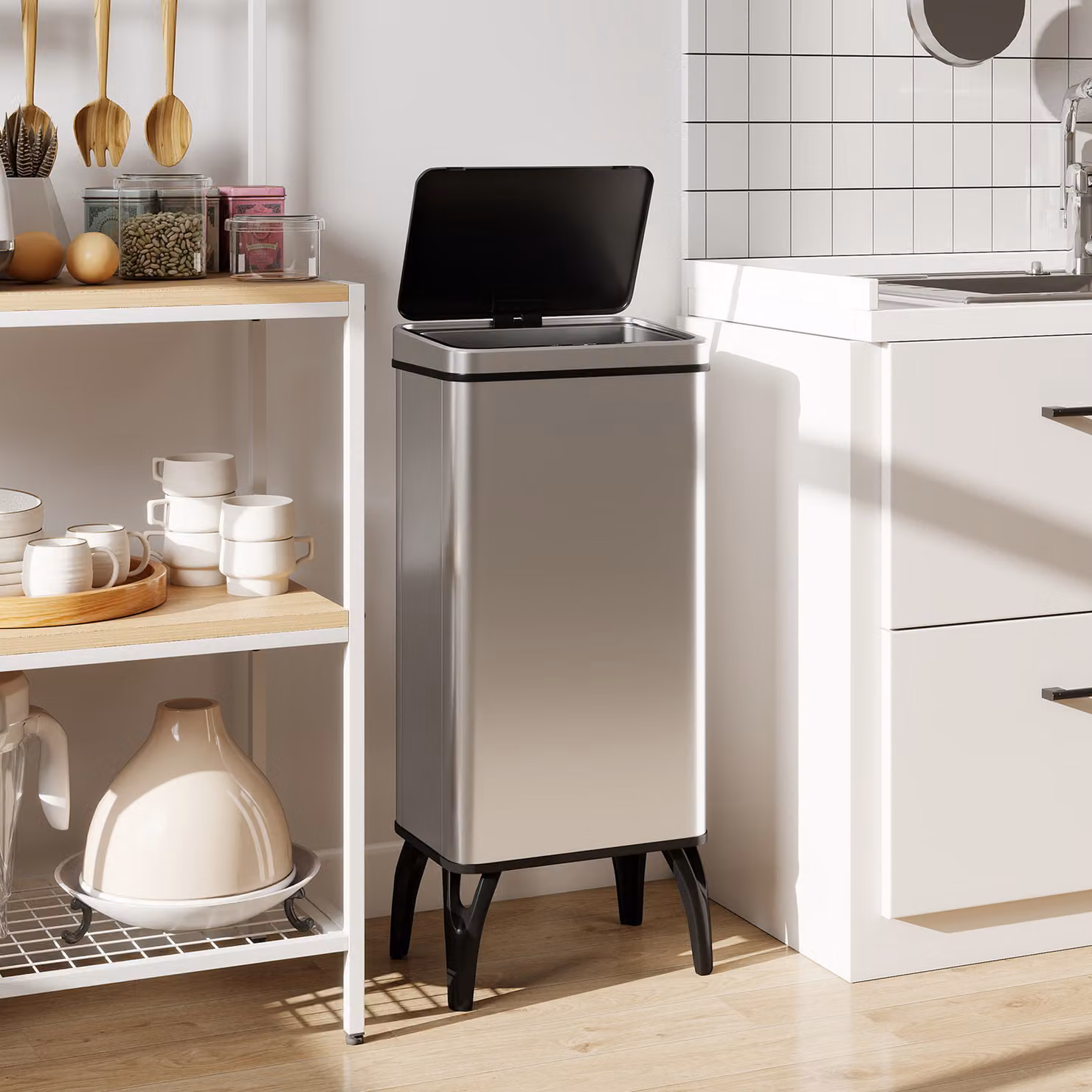 Pattumiera Automatica HOMCOM per Cucina da 50 L in Acciaio Inox Argento con Sensore a Infrarossi e Chiusura Ammortizzata – 2