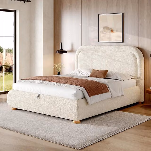 Letto imbottito capitonnato - Xylo - 140x190 cm - Beige - Testiera imbottita idraulica