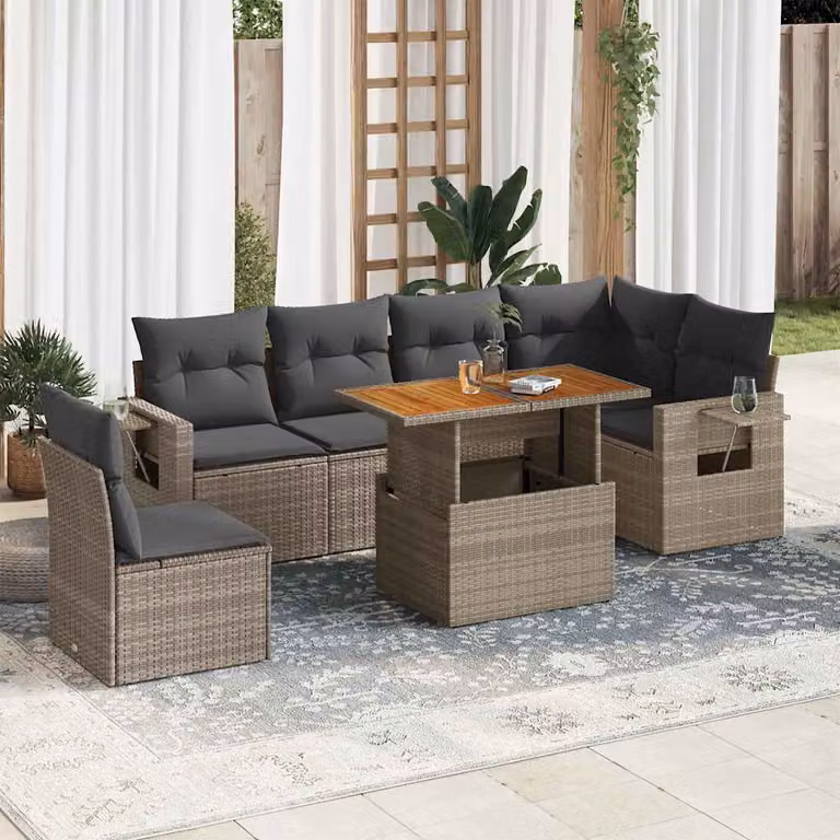 Set da giardino vidaXL in polyrattan grigio composto da 7 pezzi con cuscini e tavolino da esterno