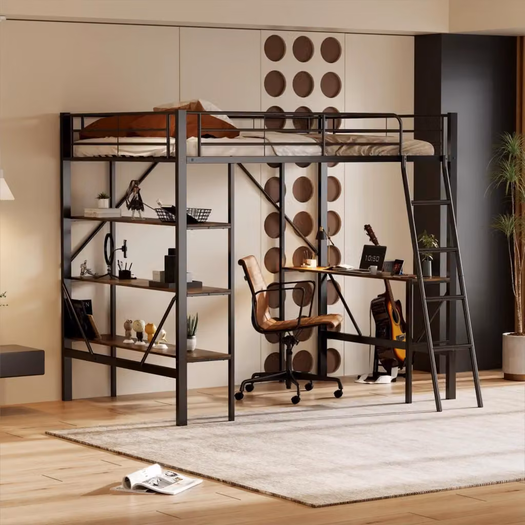 Letto a Soppalco Singolo Chicfurn con Scrivania e 3 Scaffali, Metallo e MDF, Nero, L/P: 90 x 200 cm – 2