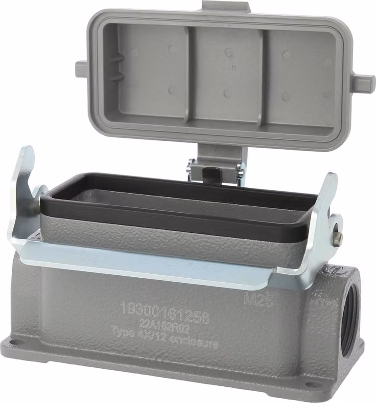HARTING Han 16B Base bassa, 1xM25 uscita cavo laterale, con 1 staffa longitudinale con cappuccio protettivo in plastica - 1