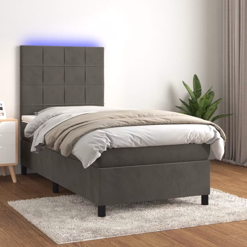 Letto Ibrido vidaXL con Materasso e Illuminazione LED, Rivestimento in Velluto Grigio, L/P: 90 x 200 cm – 1