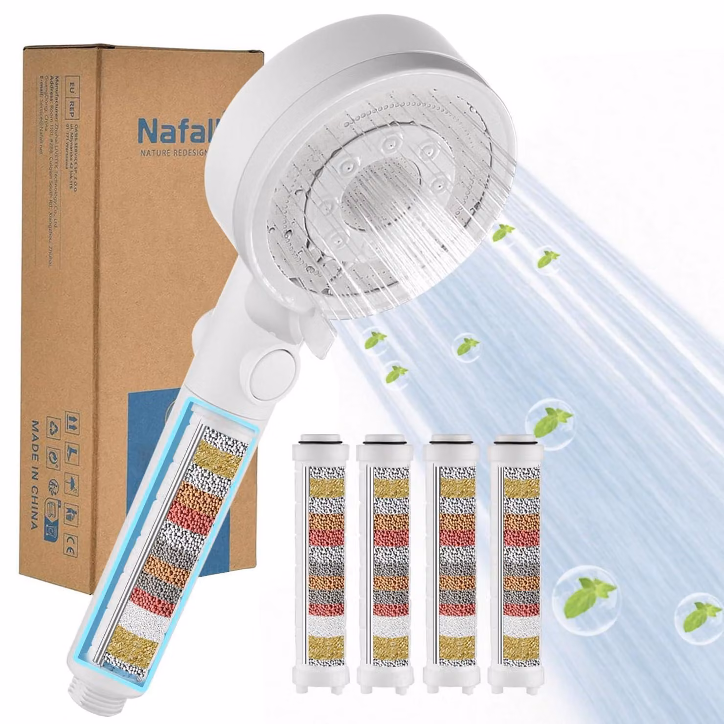 Doccia ad alta pressione con 4 filtri in PP, colore bianco