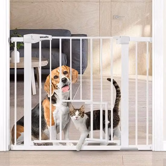 Serratura di sicurezza per scale e porte con sportello per gatti, senza foratura, regolabile da 75 a 103 cm, Bianco