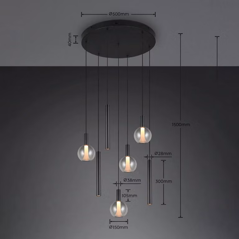 Trio Lighting Lampada a sospensione Melaro, dimmerabile, Nero, Soggiorno / Sala da pranzo, Metallo, Lampada a sospensione
