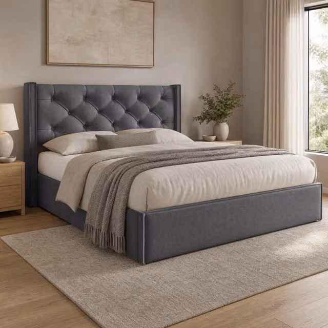 Letto imbottito idraulico 140x200 cm grigio con vano contenitore
