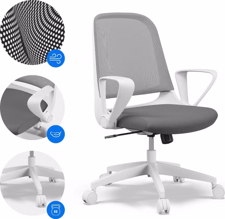 SENSE7 Sopty Sedia da ufficio ergonomica Sedia da scrivania Bianca Braccioli ribaltabili Schienale in rete Funzione oscillante Sedia da ufficio per home office Rotelle in gomma 120 kg