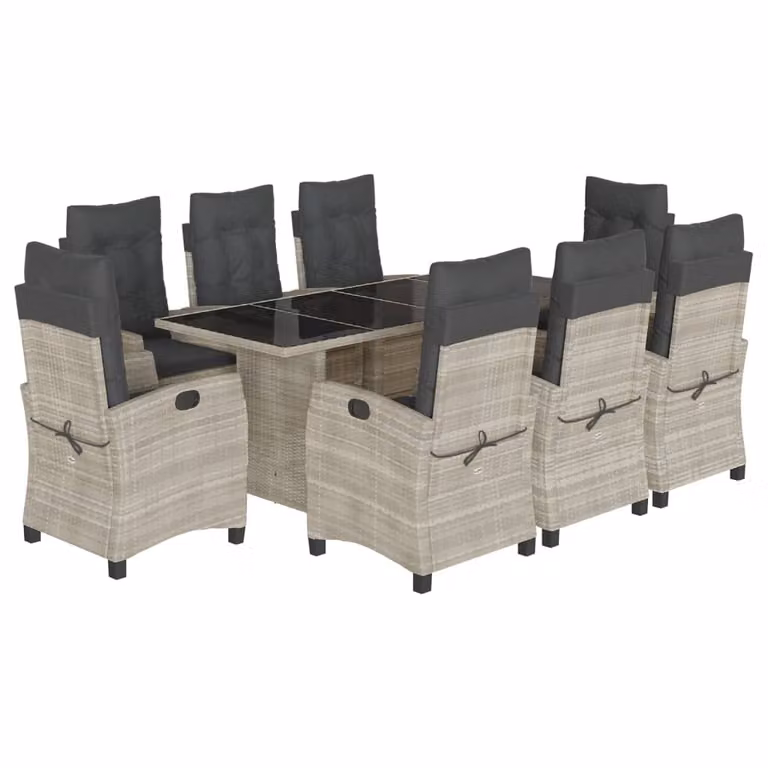 Set Pranzo da Giardino 9pz con Cuscini Grigio Chiaro Polyrattan