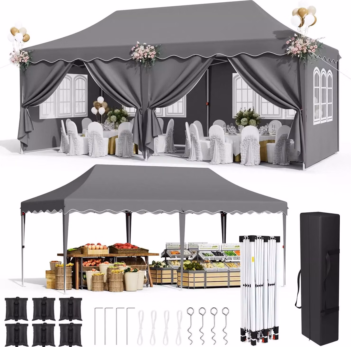Gazebo pieghevole Partyzelt - 3×6 m - Impermeabile - Protezione UV 50+ - 6 pareti laterali - Struttura in acciaio - Regolabile in altezza - Grigio