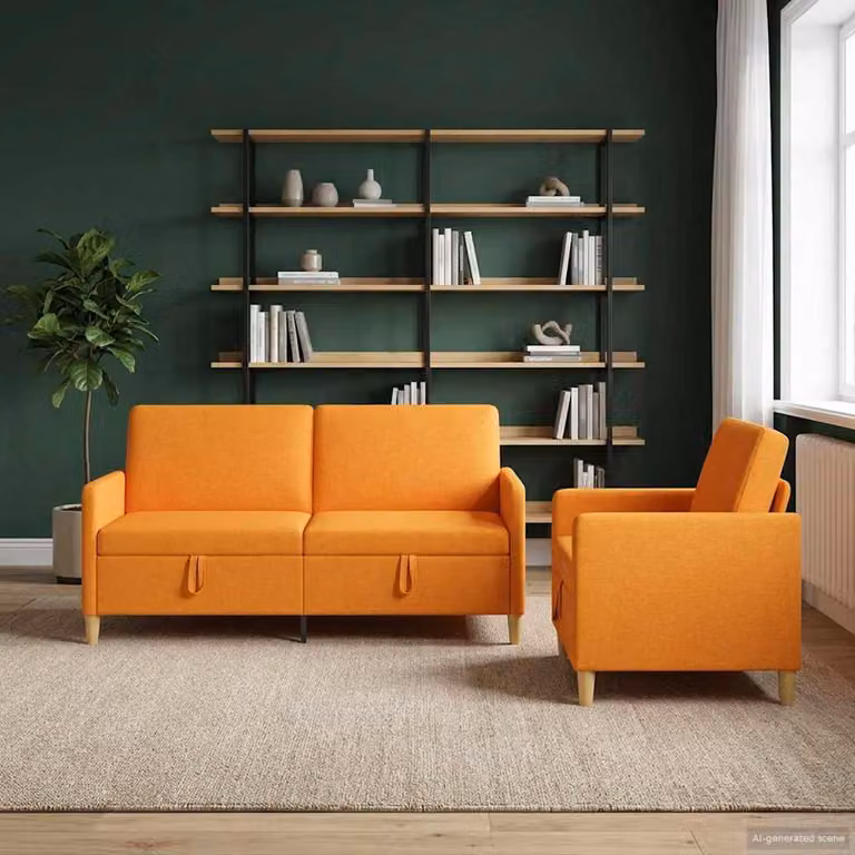 Set di divani vidaXL moderno in tessuto con contenitore, composto da divano a 3 posti, divano a 2 posti e poltrona, colori giallo, marrone e arancione