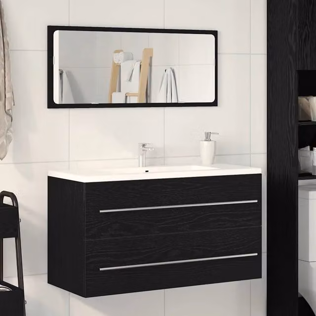 Mobile Lavabo-Armadietto da Bagno Moderno vidaXL in Legno Rovere Nero con Ripiani e Cassetti, L/P/H: 90 x 45 x 1.5 cm