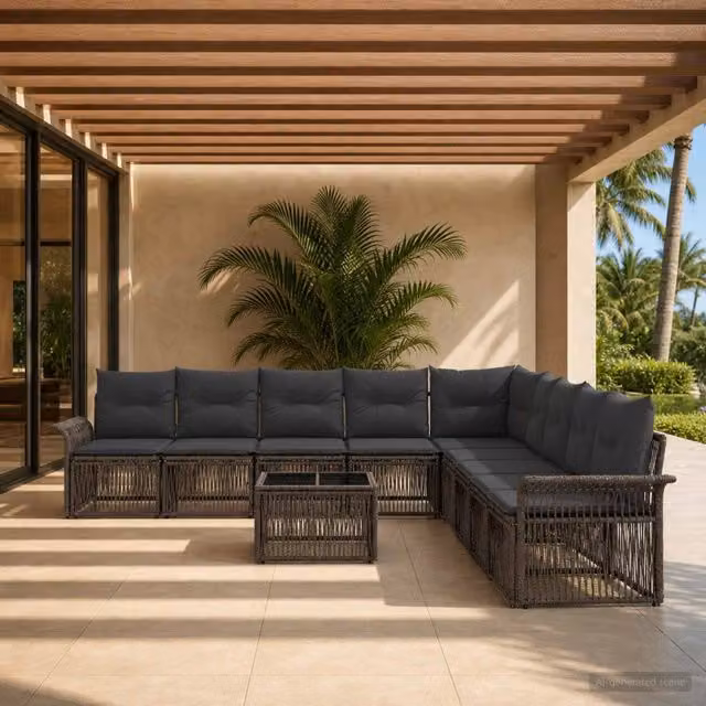 Set Divano da Giardino 10 Pezzi vidaXL Grigio con Poltroncina, Elementi Angolari e Tavolino da Caffè in Polyrattan e Acciaio con Cuscini Inclusi – 1