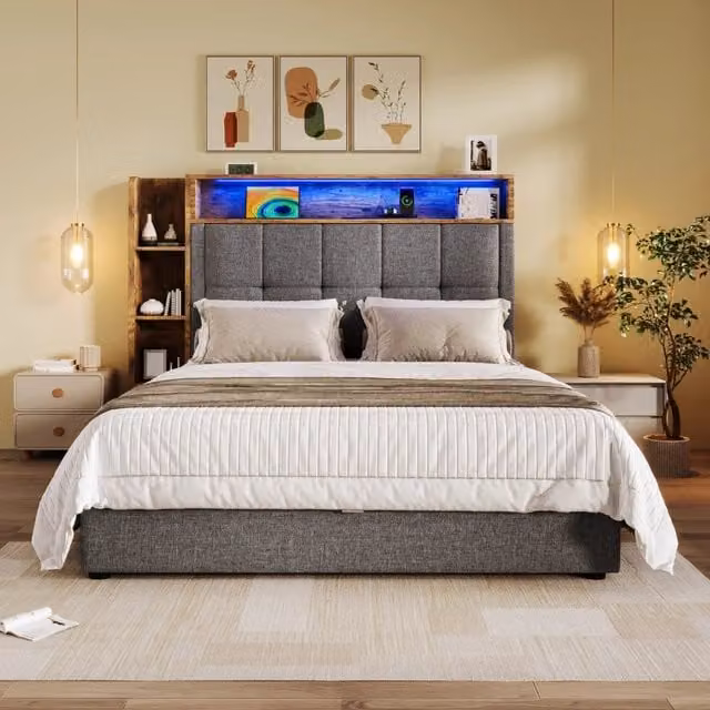 Letto contenitore Mivray con testiera imbottita in lino e MDF grigio, dotato di illuminazione LED e porte di ricarica USB e Type-C, dimensioni: 90 x 200 cm