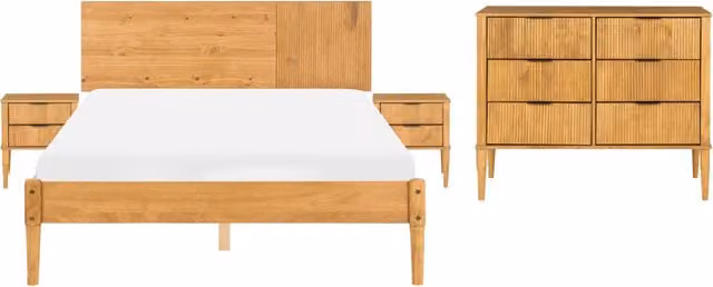 Set da camera da letto in legno di pino con letto matrimoniale 2 comodini e cassettiera a 6 cassetti 140 x 200 cm marrone chiaro stile scandinavo