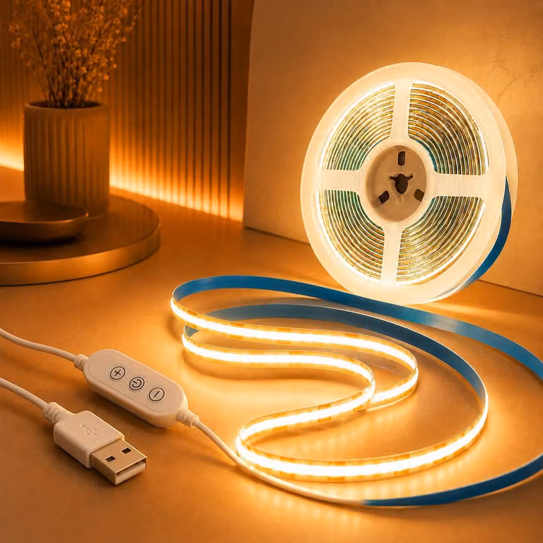 Striscia LED COB USB, 3 metri, 5V, dimmerabile, luce bianca calda 2700K, autoadesiva, flessibile