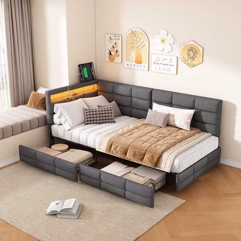 Letto 90x200 cm in lino grigio, testiera a L, illuminazione a LED, USB/Type-C, 2 cassetti