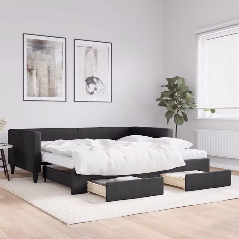 vidaXL Divano Letto Estraibile con Cassetti in Tessuto Nero L/P/H: 223 x 100 x 68 cm