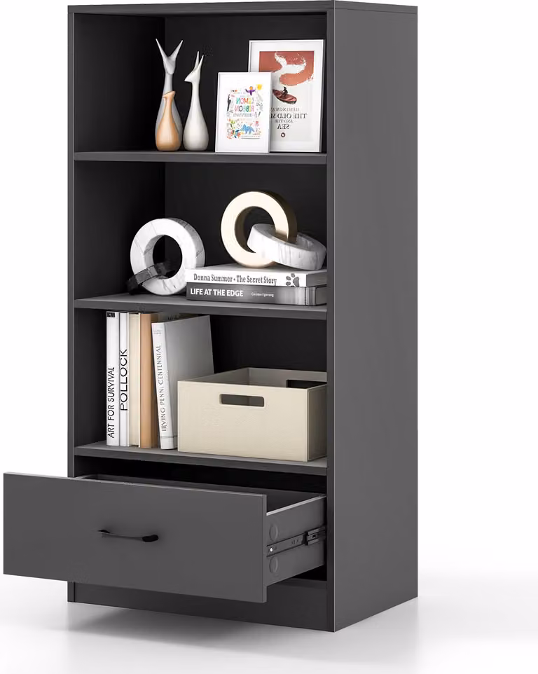 Scaffale con cassetto, libreria a 4 livelli con 3 vani a giorno, scaffale in legno per soggiorno, camera da letto, ufficio (grigio)