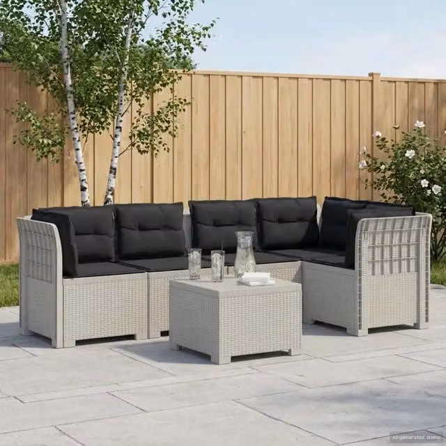 Divano da Giardino 5 Posti con Cuscini Stile Rattan PP Bianco 3444095