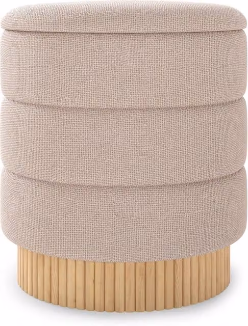 Pouf contenitore moderno rotondo beige con base in legno di pino e coperchio rimovibile in tessuto