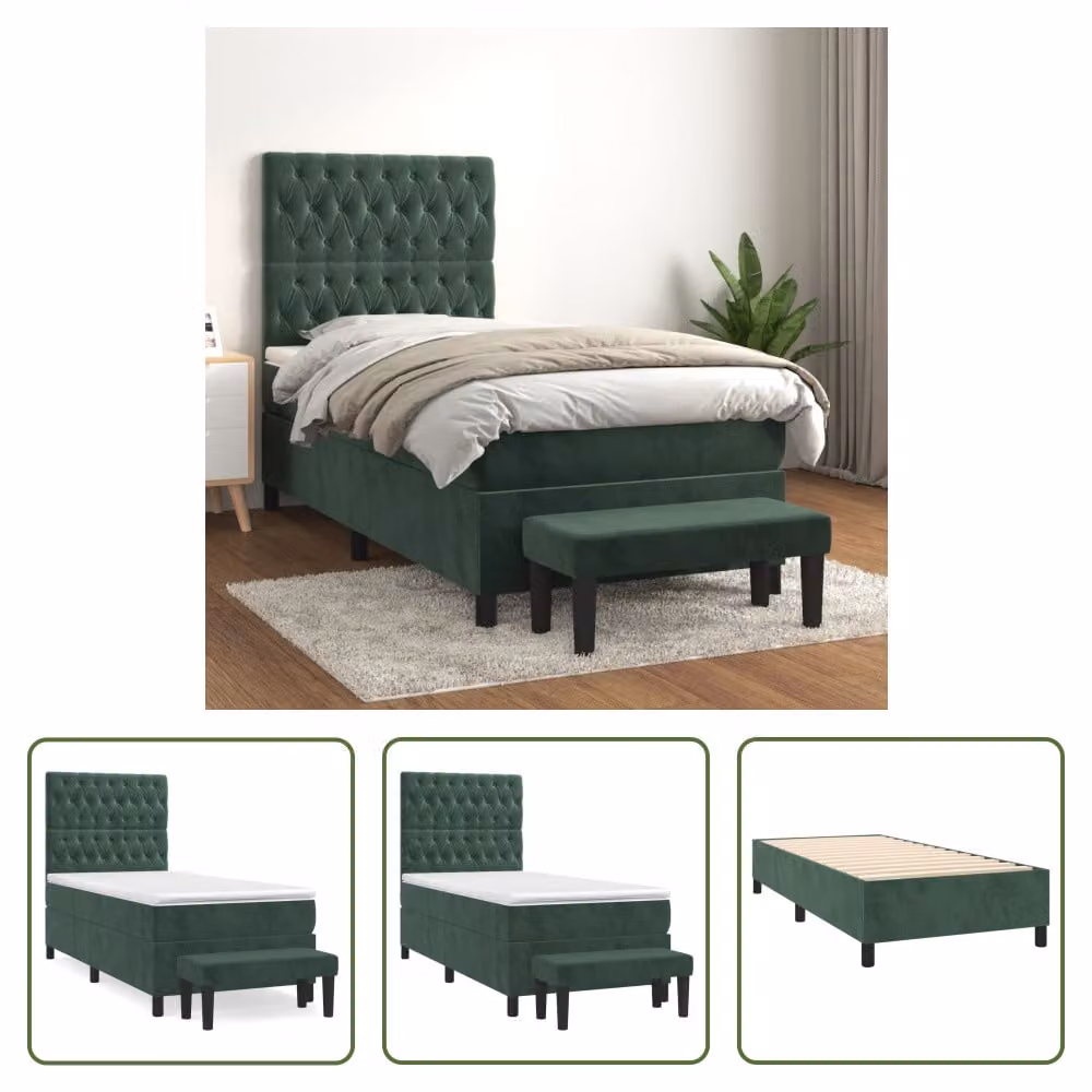 The Living Store Letto a molle con materasso verde scuro 90x200 cm in velluto