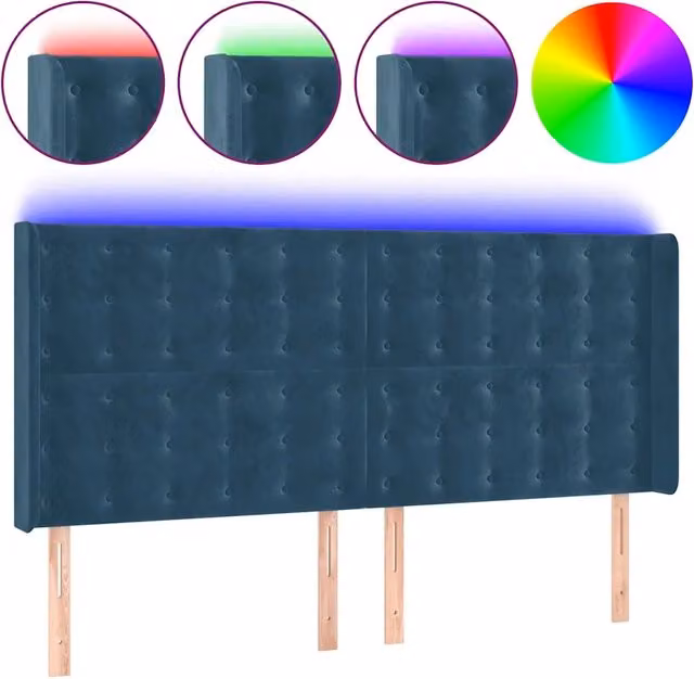Testiera con illuminazione LED e porta di ricarica USB in velluto blu scuro L: 203 cm, P: 16 cm, H: 118/128 cm