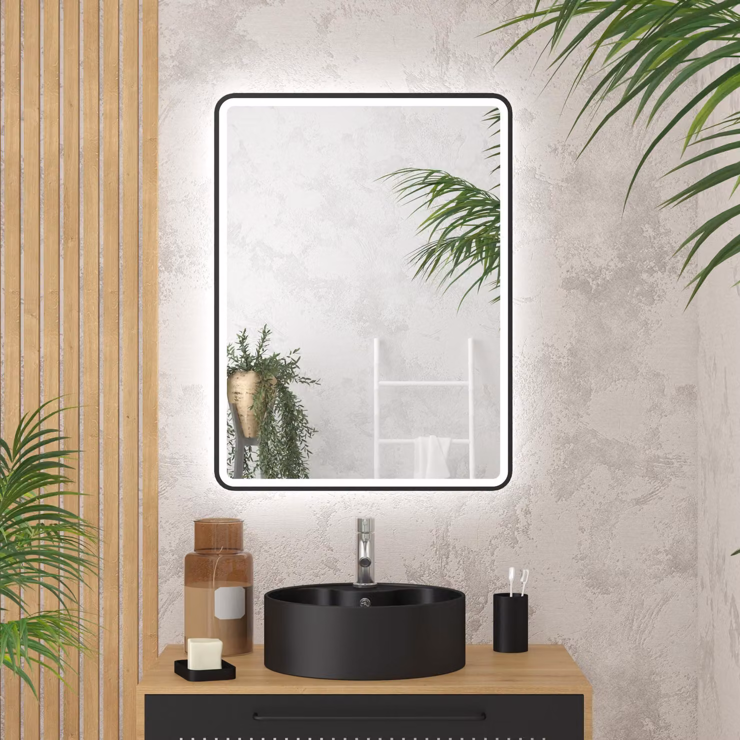 Specchio da bagno a LED, dimensioni 60x80 cm, cornice nera, da montare a parete
