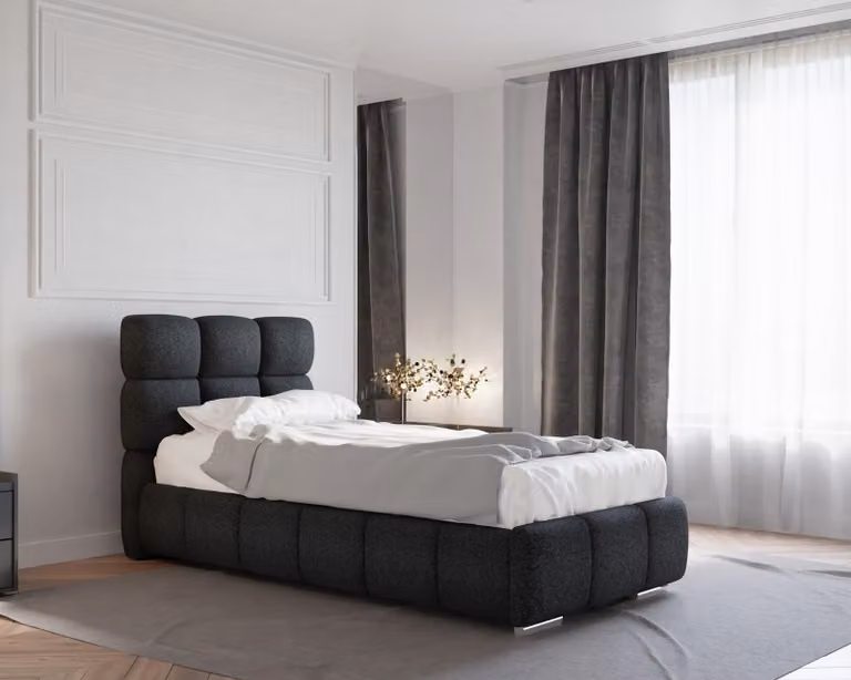 Letto imbottito BLISS con contenitore, con materasso (a molle insacchettate, fibra di cocco)