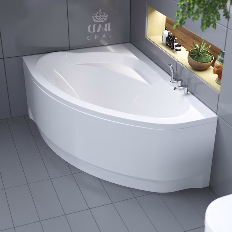Vasca da bagno angolare 150x100 sinistra con grembiule in acrilico, set di scarico e piedini GRATIS | set completo 4in1 vasca da bagno originale in acrilico con sifone | BADLAND MAREA