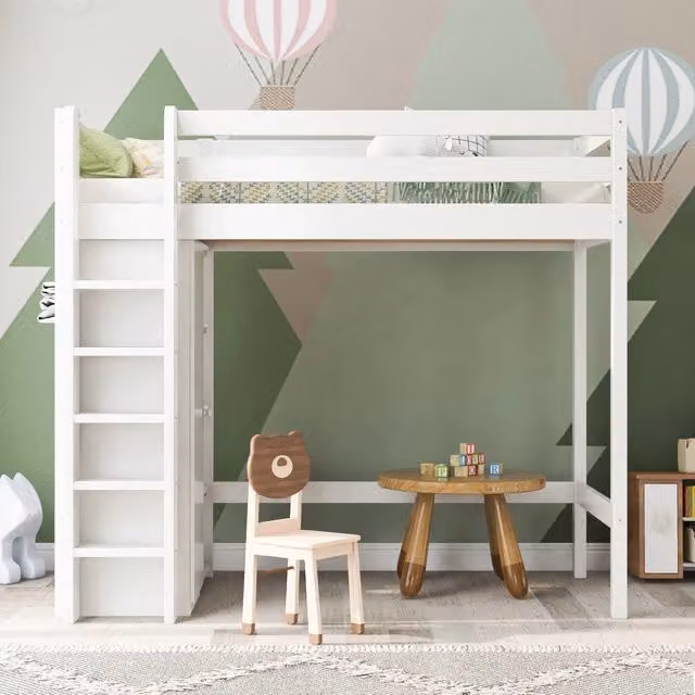 Letto a soppalco per bambini 90x200 cm; bianco con armadio e 6 scaffali