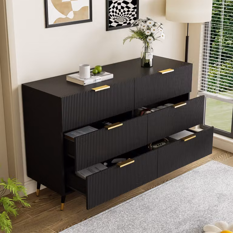 Cassettiera AIORBER, sei cassetti, ampio spazio, legno pregiato, gambe dorate, credenza, per sala da pranzo, soggiorno, 120x77x40cm, nero