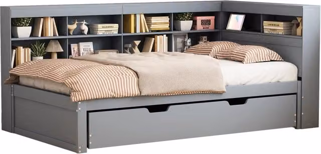 Letto singolo estraibile 90x200 cm con secondo letto 90x190 cm; USB e vani; grigio