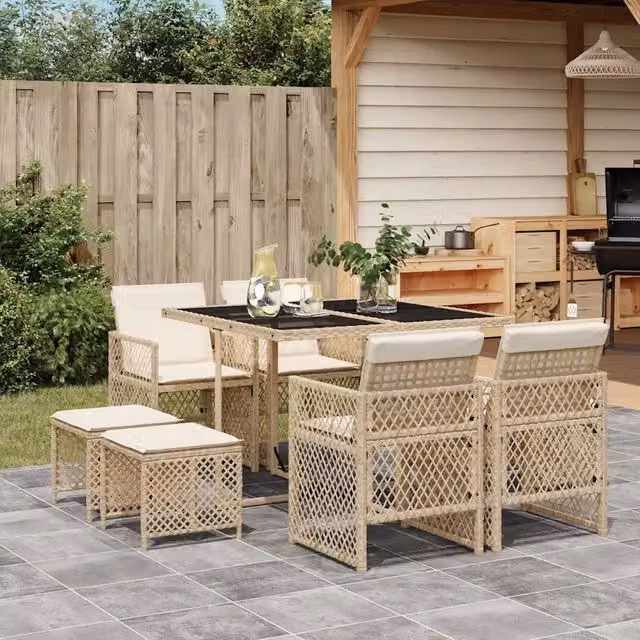 Set da Pranzo da Giardino 9 pz con Cuscini Beige in Polyrattan 3210778