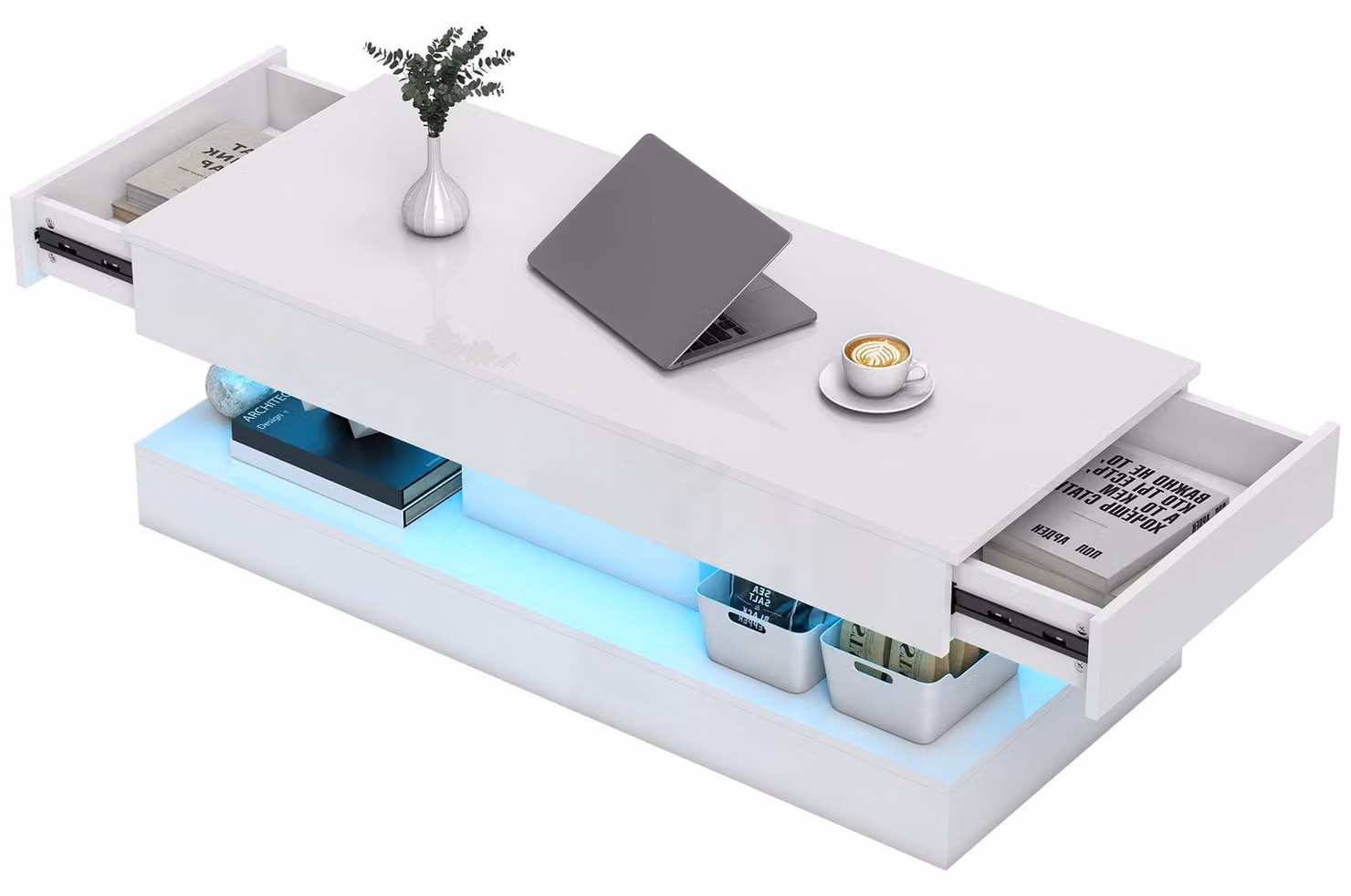 Tavolino con 2 cassetti e illuminazione LED | Colore: Bianco | Dimensioni: 120x50x42 cm
