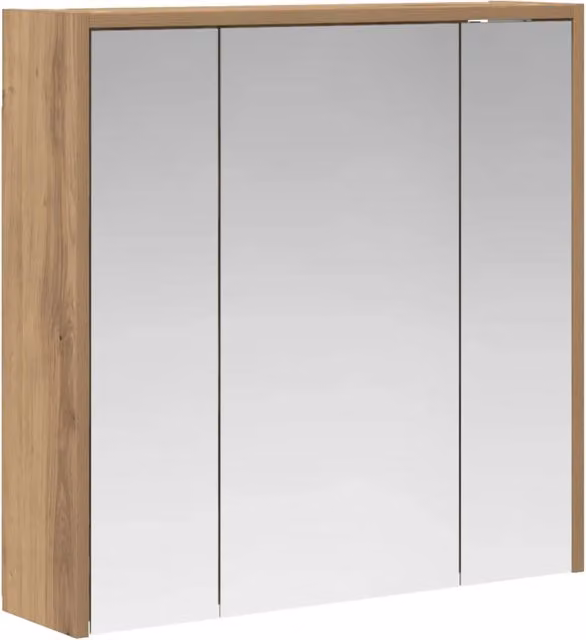 Mobiletto da bagno moderno con ante in vetro e ripiani interni in rovere marrone, sospeso, L: 63,5 cm, H: 62,5 cm, P: 16 cm