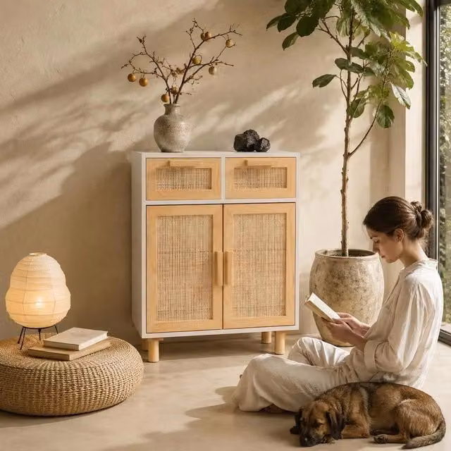 Sideboard White 60x30x75 Cm Solid Pine Wood And Natural Rattan