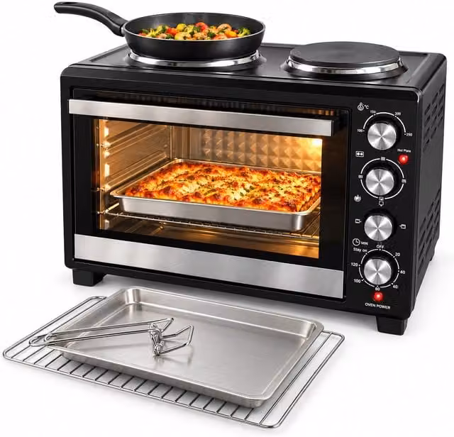 Fornetto Elettrico 40L con Doppia Piastra Elettrica, Grill, 5 Modalità di Cottura, Timer 120 Minuti, 100-250°C e Porta Doppio Vetro