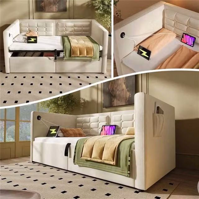 Letto imbottito divano letto 90x200 cm con contenitore idraulico e ricarica USB e Type-C, rete a doghe in legno, velluto, beige, senza materasso