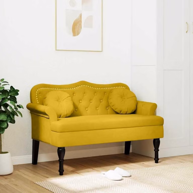 Divano a due posti, rivestito in velluto giallo, dimensioni 120,5x65x75 cm