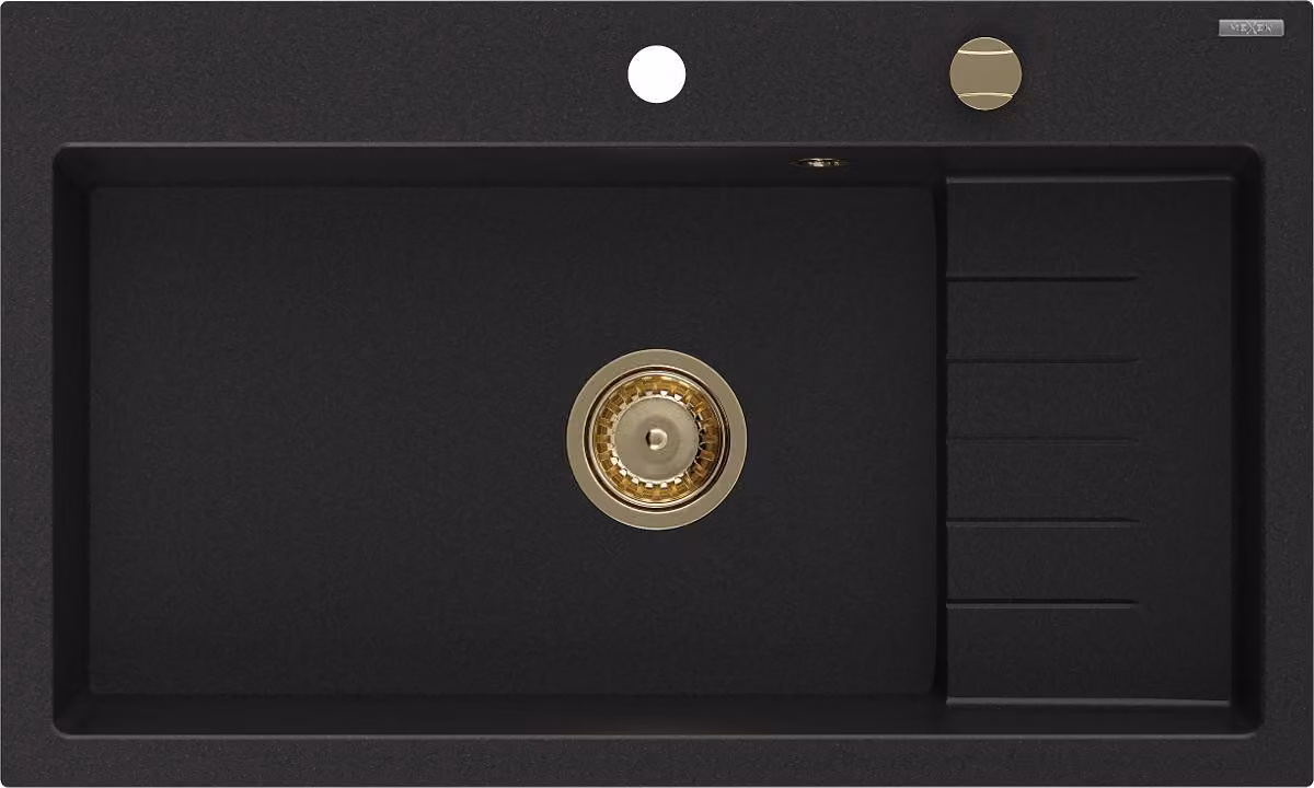 Mexen Omar lavello in granito 1 vasca 800 x 480 mm, nero, sifone dorato - 6520801005-77-G