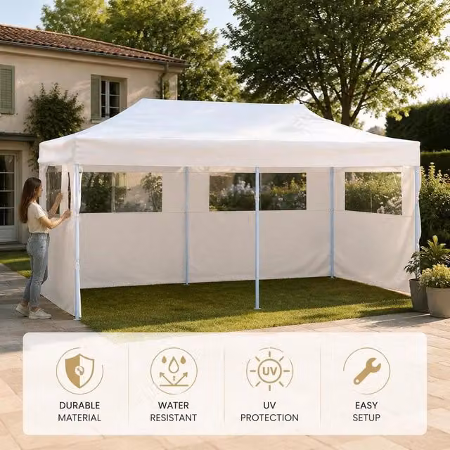 Professional Foldable Party Tent With 4 Side Walls, 3x6m, Steel, White