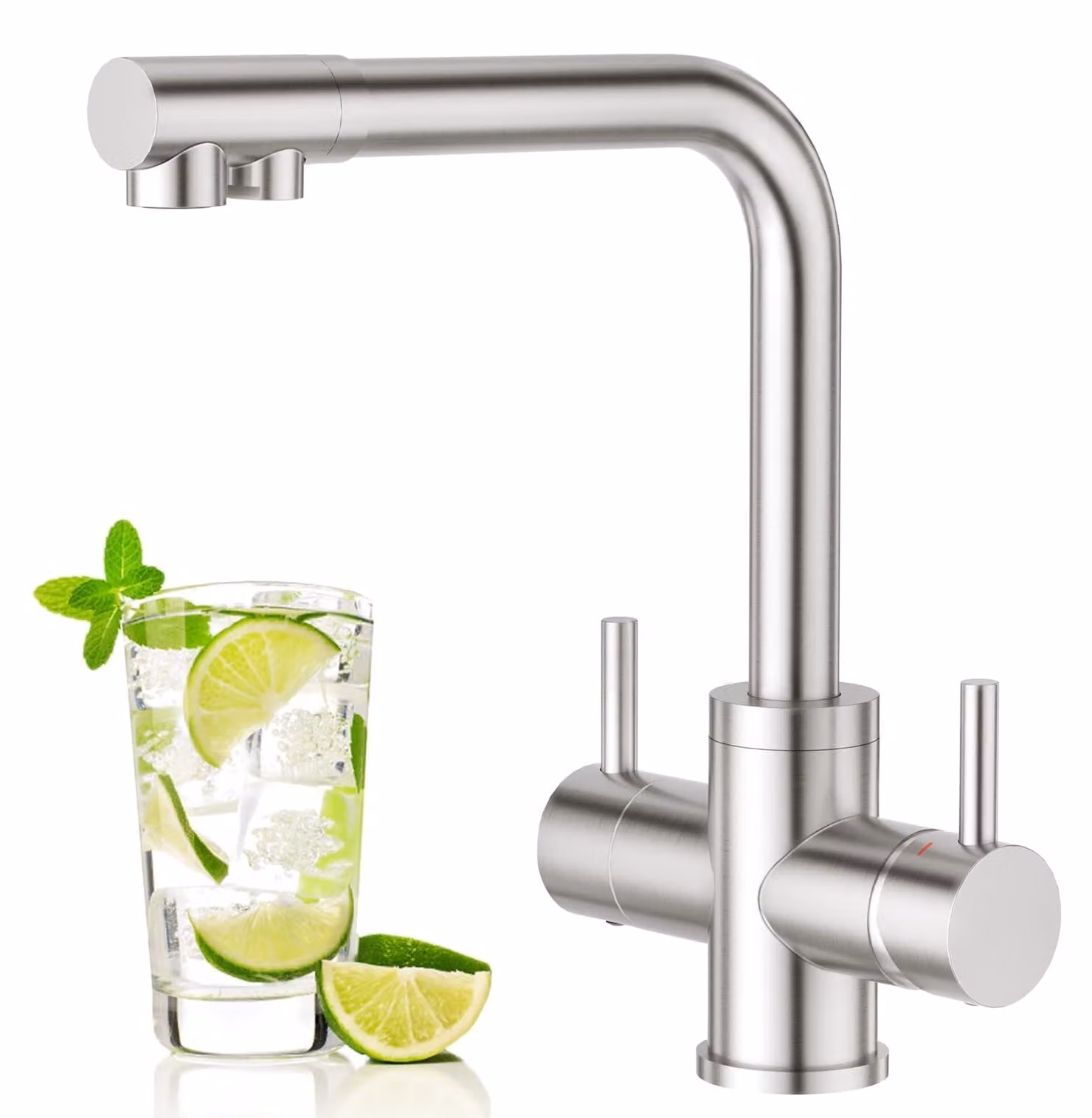 Rubinetto da cucina a 4 vie con due maniglie e rubinetto per acqua potabile - Acciaio inossidabile